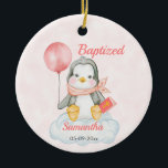 Ornamento De Cerâmica Bonito Christening Baby Penguin, rosa<br><div class="desc">Um adorável ornamento de Natal / Batismo. Possui um pinguim de menina aquática sentado numa nuvem segurando um balão numa mão e uma bíblia rosa na outra. Uma design doce para qualquer menina em seu dia religioso especial. Personalizar o ornamento alterando o título para Cristo, comunhão ou deixar como Batizado...</div>
