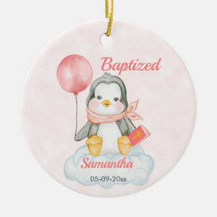 Ornamento De Cerâmica Bonito Christening Baby Penguin, rosa