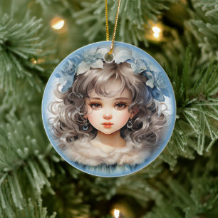 Ornamento De Cerâmica Bonito garota boneca velha retrato fascinado e flo