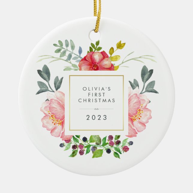Ornamento De Cerâmica Bonito Girly Flowers Bebê é o primeiro Natal (Frente)