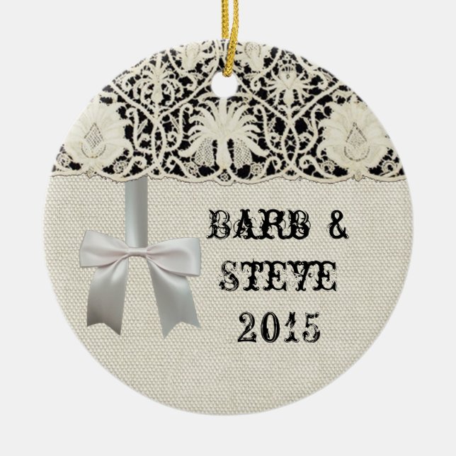 Ornamento De Cerâmica Bonito Linen White Lace Antique de Casamento  (Frente)