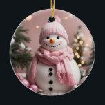 Ornamento De Cerâmica Bonito Pink Christmas Snowman<br><div class="desc">Bonito Pink Christmas Snowman</div>