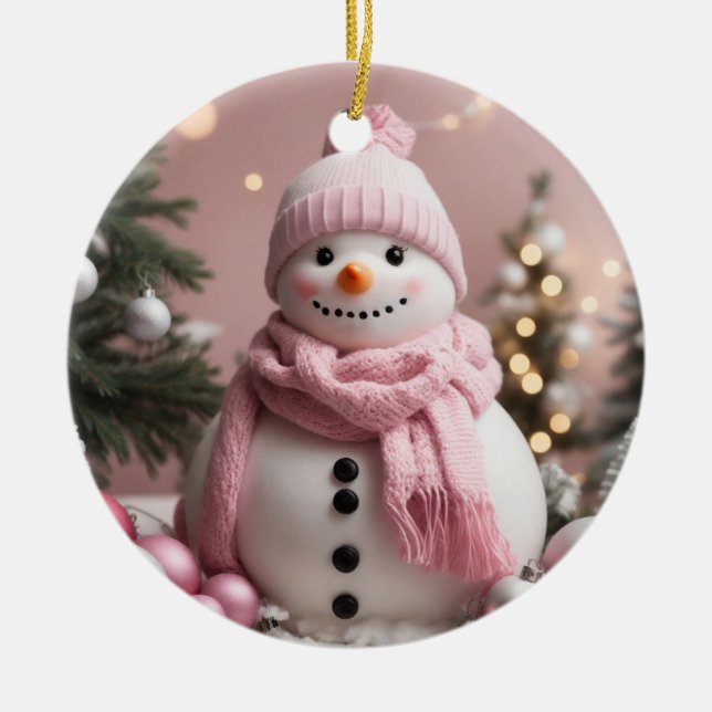 Ornamento De Cerâmica Bonito Pink Christmas Snowman (Frente)