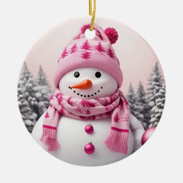 Ornamento De Cerâmica Bonito Pink Xmas Snowman (Frente)