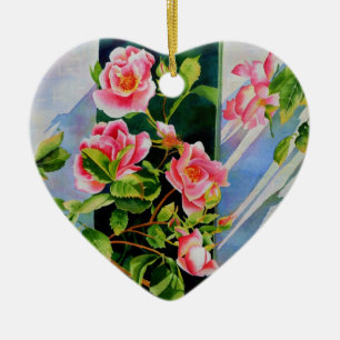 Ornamento De Cerâmica Bonito rosa, rosas vermelhas, flor aquarela