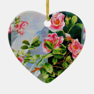 Ornamento De Cerâmica Bonito rosa, rosas vermelhas, flor aquarela