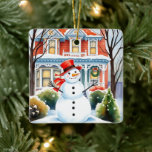 Ornamento De Cerâmica Bonito Snowman no Subúrbio no Natal<br><div class="desc">Enfeites de natal personalizado. Uma bela ilustração aquosa de um boneco de neve em frente a uma casa vitoriana suburbana em um doce bairro acolhedor.</div>