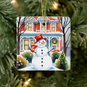 Ornamento De Cerâmica Bonito Snowman no Subúrbio no Natal