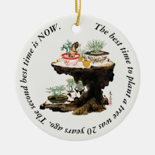 Ornamento De Cerâmica Bonsai Tree Botanic Plant Japonês Watercolor