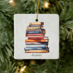 Ornamento De Cerâmica Bookstack Watercolor Vintage Reader's Writer's<br><div class="desc">For the book lovers. Watercolor bookstack ornament which can be personalized with a name or book club name. The same design features on the back with the same text. Ideal gift for the book lover this Christmas from readers to book club members,  librarians or teachers. Personalize with a name.</div>