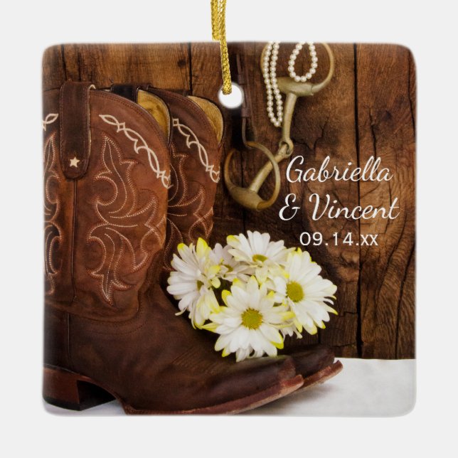 Ornamento De Cerâmica Boots Daisy Horse Bit Wedesmaid Obrigado (Frente)