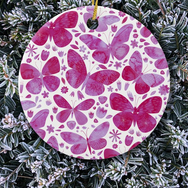 Ornamento De Cerâmica Borboleta Aquarela Rosa (Pink butterfly watercolor art  ceramic Christmas ornament)
