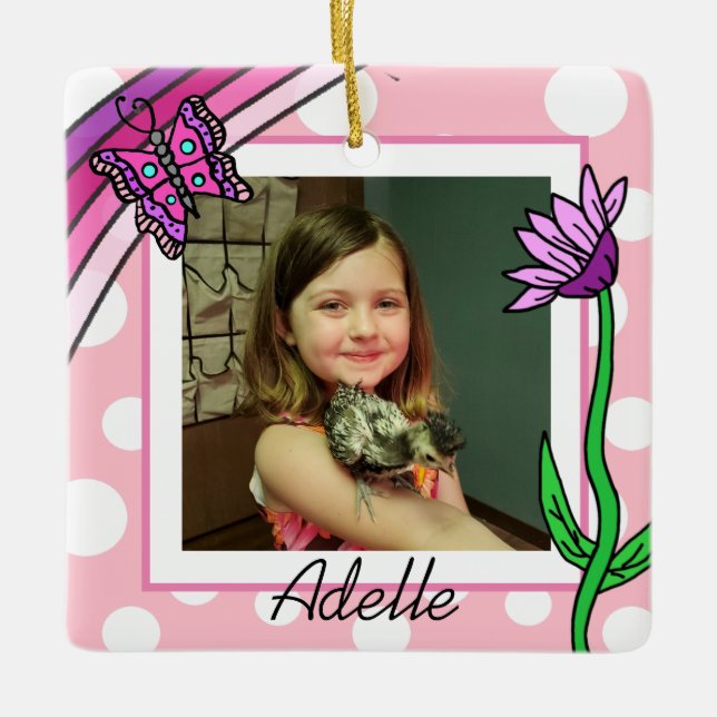 Ornamento De Cerâmica Borboleta, Arco-Íris, Flor Foto Natal (Frente)