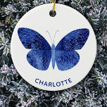 Ornamento De Cerâmica Borboleta Azul Aquarela Personalizada<br><div class="desc">Bonito pintura de borboleta azul-aquática com nome tipográfico moderno que pode ser alterado para personalizar. Arte original de Nic Squirrell.</div>