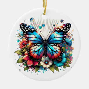 Ornamento De Cerâmica Borboleta Azul e Flores Personalizadas no Natal