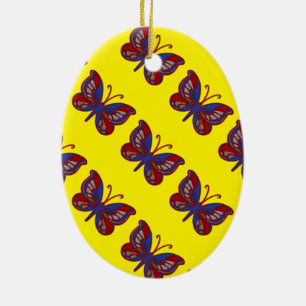 Ornamento De Cerâmica Borboleta Azul-Vermelha-Amarelo-Ornamento Oval