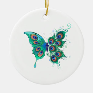 Ornamento De Cerâmica Borboleta com Penas de Pavão Verde