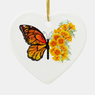 Ornamento De Cerâmica Borboleta Flor com Amapola da Califórnia Amarela