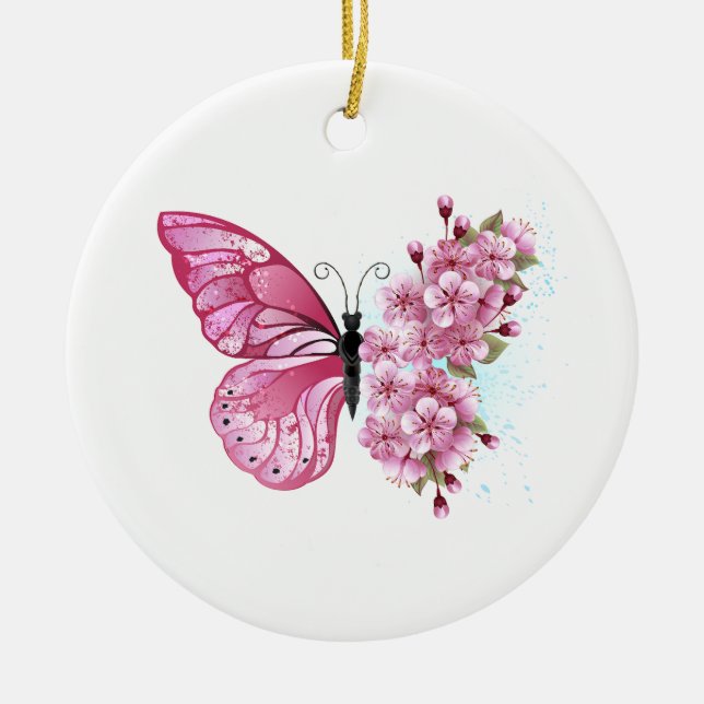 Ornamento De Cerâmica Borboleta Flor com Sakura Rosa (Frente)
