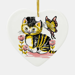 Ornamento De Cerâmica Borboleta & gatinho