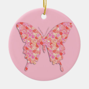 Ornamento De Cerâmica Borboleta no teste padrão de flor - rosa,