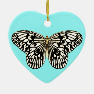 Ornamento De Cerâmica Borboleta preto e branco, fundo de turquesa