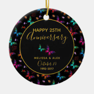 Ornamento De Cerâmica Borboletas coloridas elegantes no aniversário negr