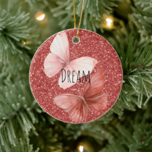 Ornamento De Cerâmica Borboletas de Natal com Brilho Rosa Vermelho