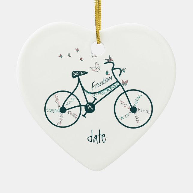 Ornamento De Cerâmica Borboletas, flores e liberdade de bicicleta datada (Frente)