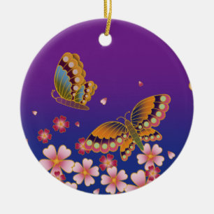 Ornamento De Cerâmica Borboletas Japonesas Personalizadas Azul e Roxo