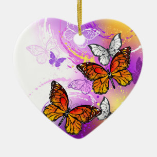 Ornamento De Cerâmica Borboletas Monarcas em Fundo Roxo