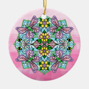 Ornamento De Cerâmica Borboletas rosa Mandala Natal