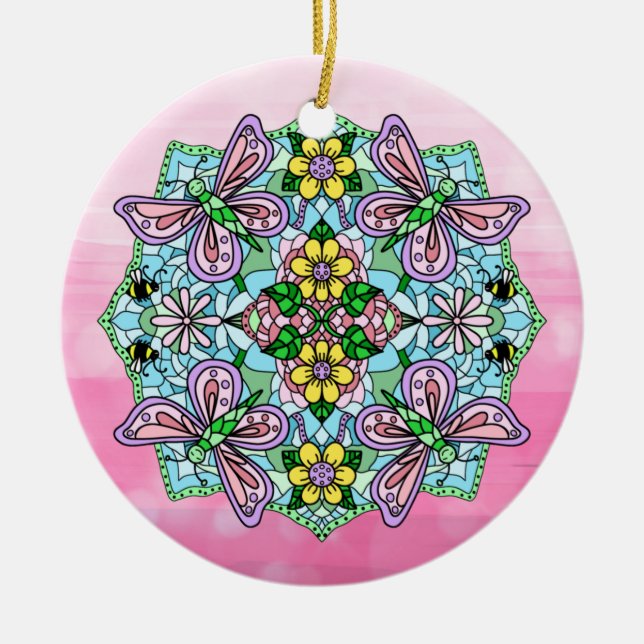 Ornamento De Cerâmica Borboletas rosa Mandala Natal (Frente)