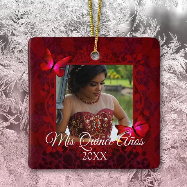 Ornamento De Cerâmica Borboletas Vermelhas, Quinceanera - Foto de Natal (elegant ruby red quinceanera mis quince anos christmas ornament keepsake gift red butterflies )