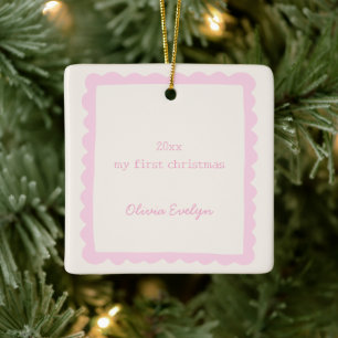 Ornamento De Cerâmica Borda Caprichosa Rosa Personalizada Primeiro Natal