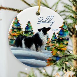 Ornamento De Cerâmica Borda Collie na Árvore de Natal da Floresta de Inv