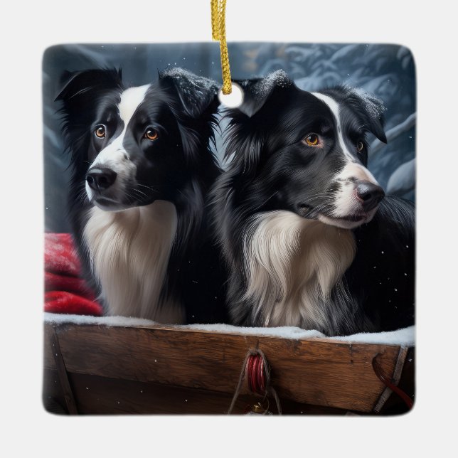 Ornamento De Cerâmica Borda Collie Snowy Sleigh Decência de Natal (Frente)