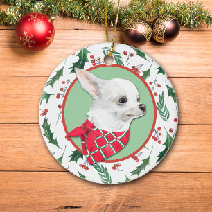 Ornamento De Cerâmica Borda Holly do Cão Chihuahua Branco
