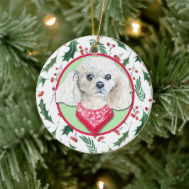 Ornamento De Cerâmica Borda Holly do Poodle Branco Miniatura