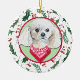 Ornamento De Cerâmica Borda Holly do Poodle Branco Miniatura