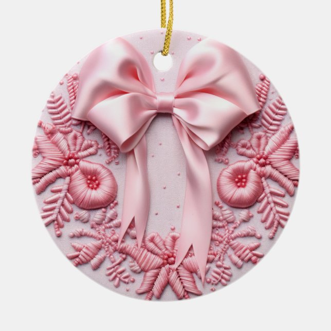Ornamento De Cerâmica Bordado de fita rosa delicado (Frente)