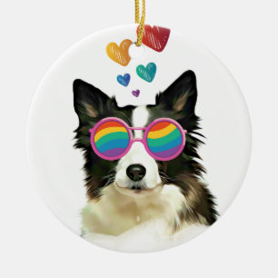 Ornamento De Cerâmica Border Collie  Cachorro com Corações Dia dos Namor