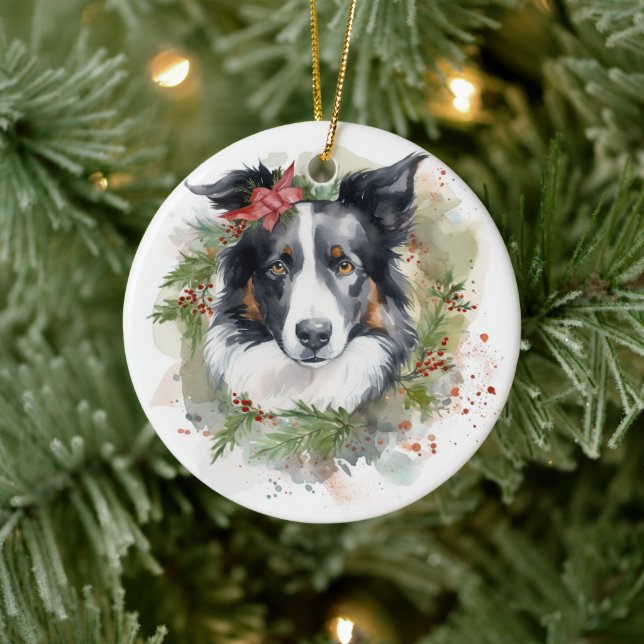 Ornamento De Cerâmica Border Collie Christmas Wreath Festivo Pup (Árvore)