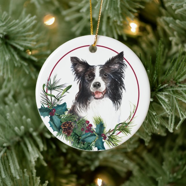 Ornamento De Cerâmica Border Collie Evergreen Berry Wreath (Árvore)