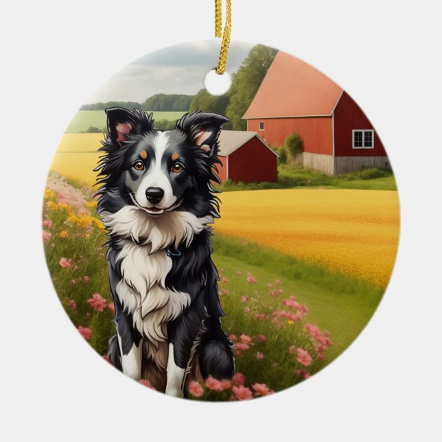 Ornamento De Cerâmica Border Collie na Fazenda (Frente)