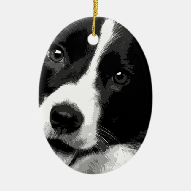 Ornamento De Cerâmica Border collie preto e branco (Frente)