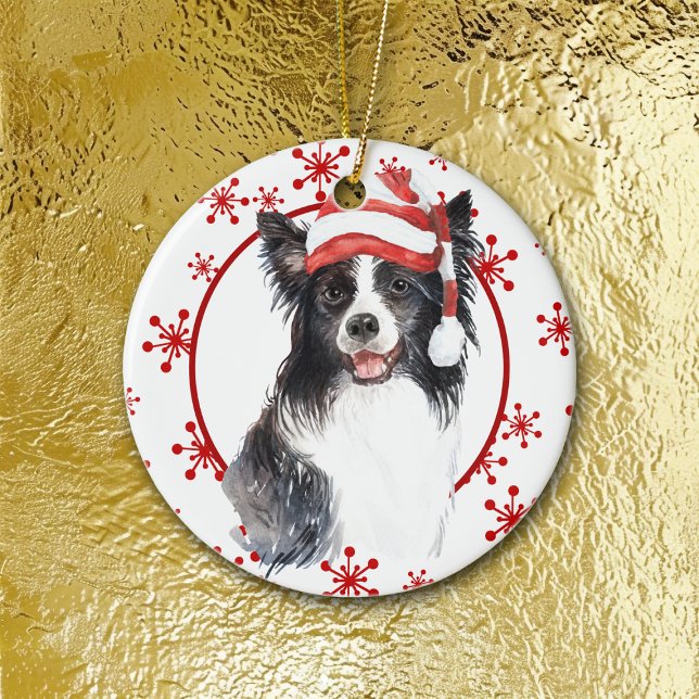 Ornamento De Cerâmica Border Collie Santa Hat Red Snowflake Modelo (Criador carregado)