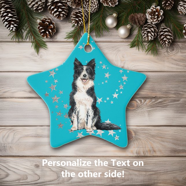 Ornamento De Cerâmica Border Collie Silver Stars Teal Christmas (Criador carregado)