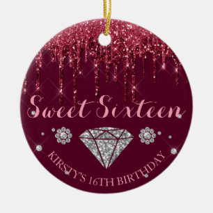 Ornamento De Cerâmica Borgonha Brilho Gotejante Diamante Sweet Sixteen