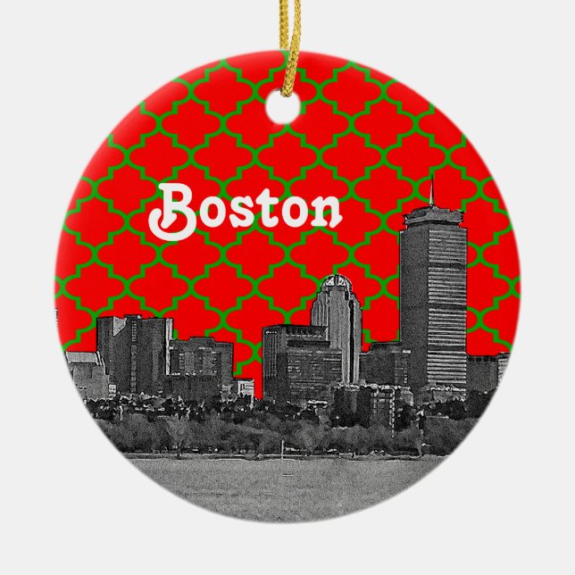 Ornamento De Cerâmica Boston Skyline Emitiu Quatrefoil Verde Vermelho BG (Frente)